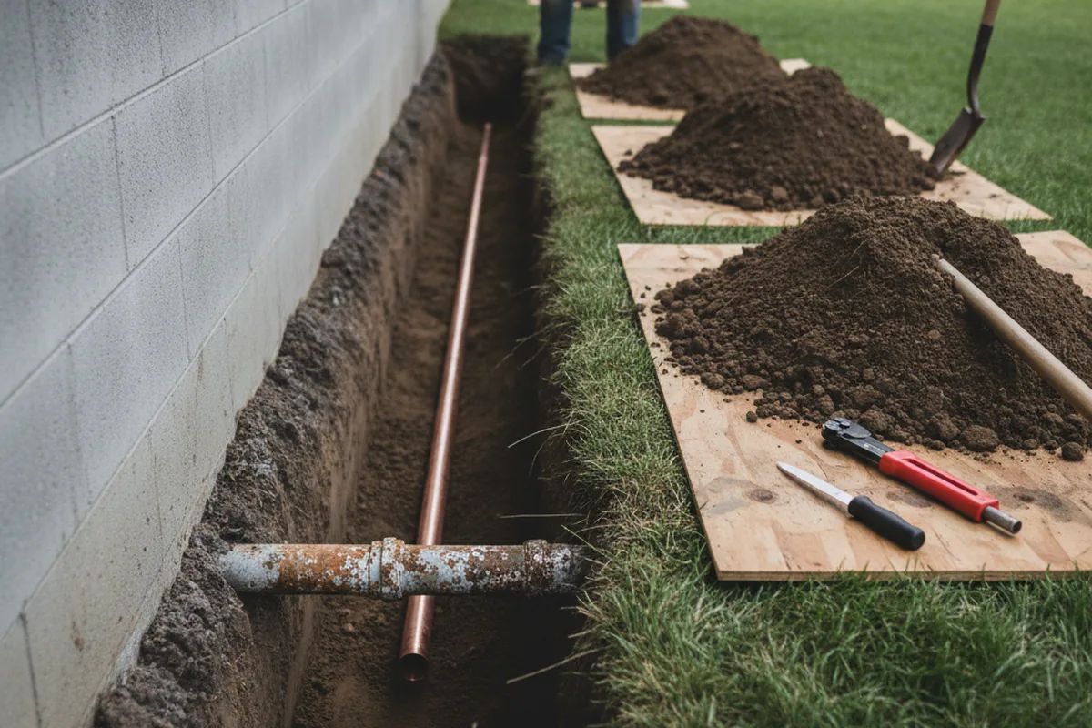 Excavated water line trench during Water Heater Repair in Pitcher